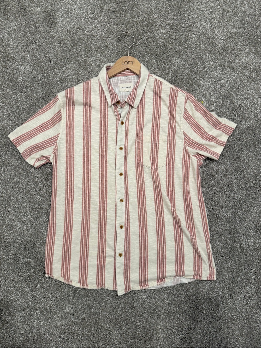 Lucky Brand Cream and Red Men’s Large Vertical Stripe Short-Sleeve Button-Up
